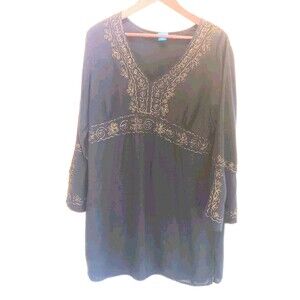 Soaked in Luxury Black Gold Embroidered Tunic Dress XL Boho V-Neck Lurex Ethnic